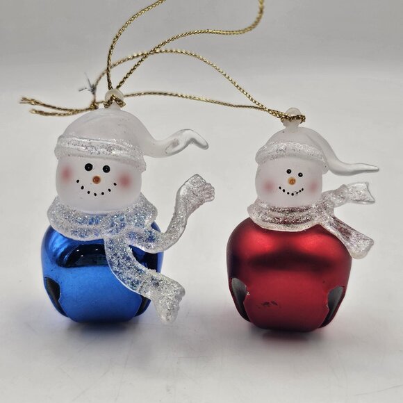 Glass Snowman On Bell Christmas Ornaments Holiday Decor Red Blue 2.25" Lot of 2 - Picture 1 of 6